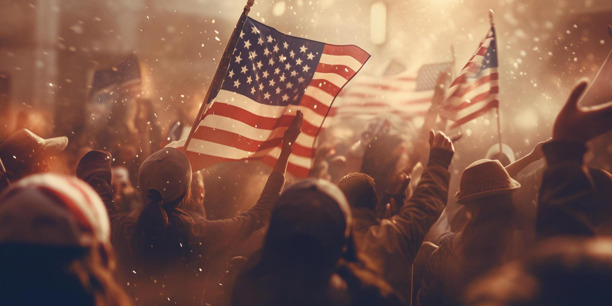 Crowd of people with american flag in the street with . photo