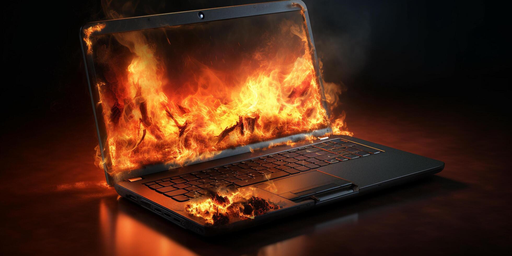 Laptop burning in flames on a dark background with . photo