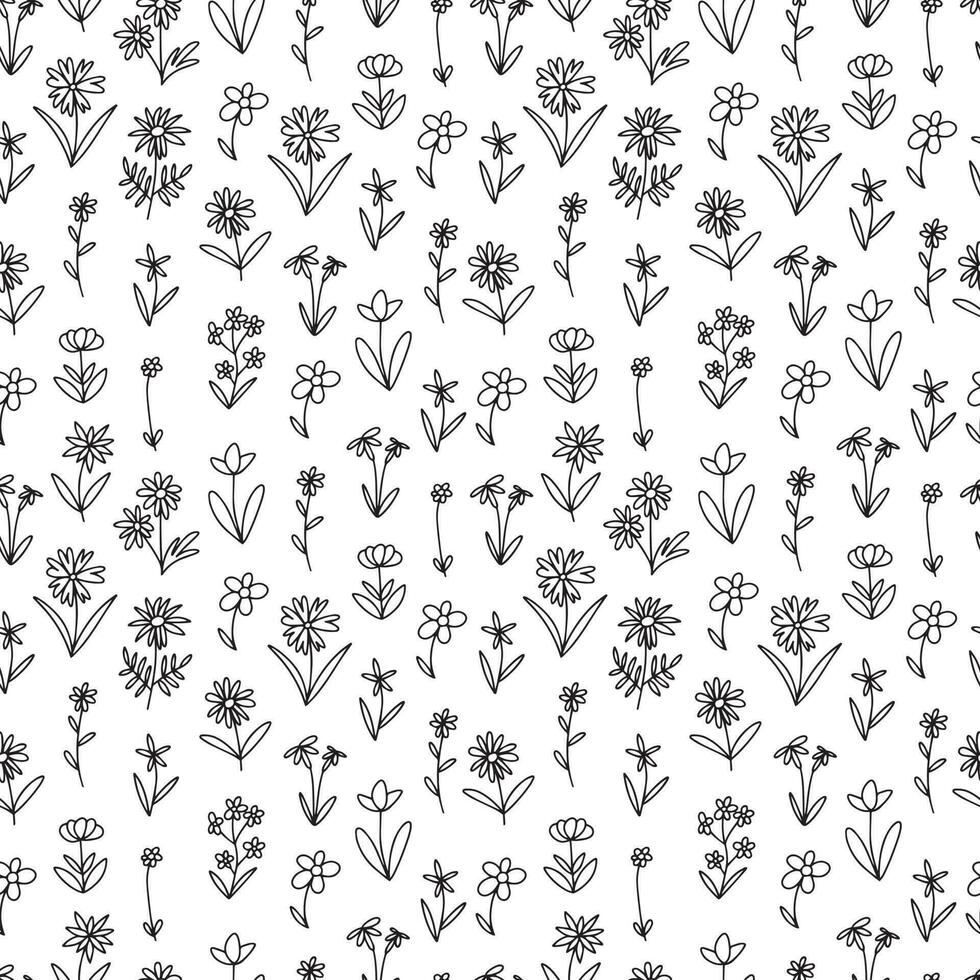 Doodle summer flowers seamless pattern. Vector mille fleur pattern on white background.