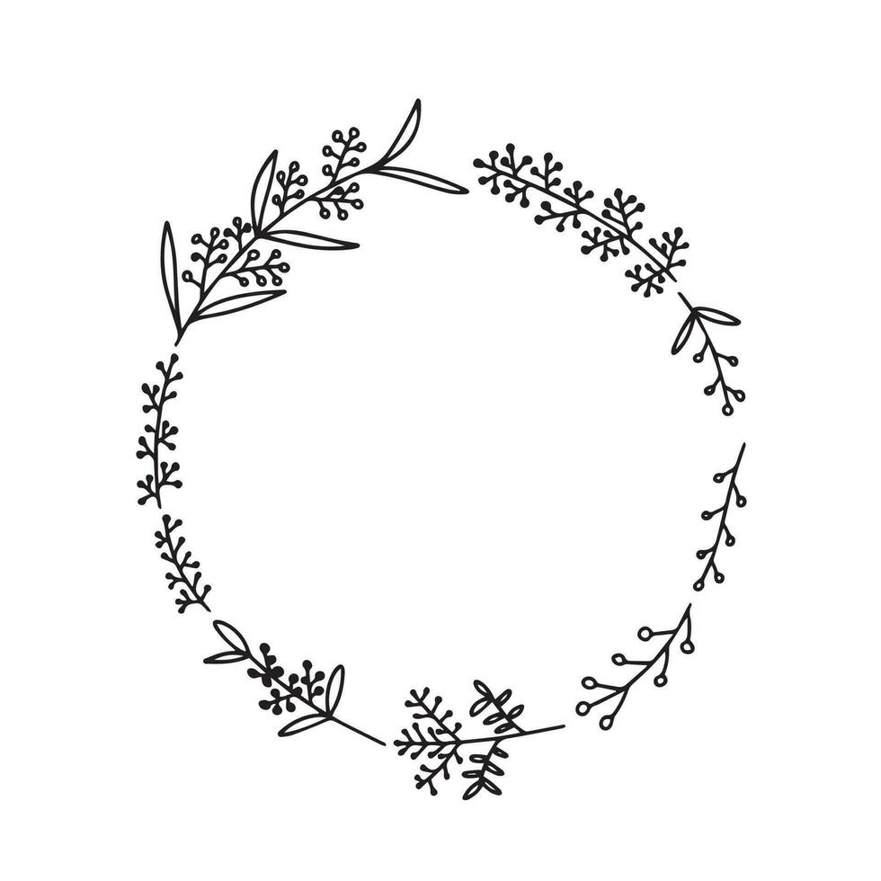 Vector wreath with doodle flowers. Hand drawn wreath with many summer flowers isolated
