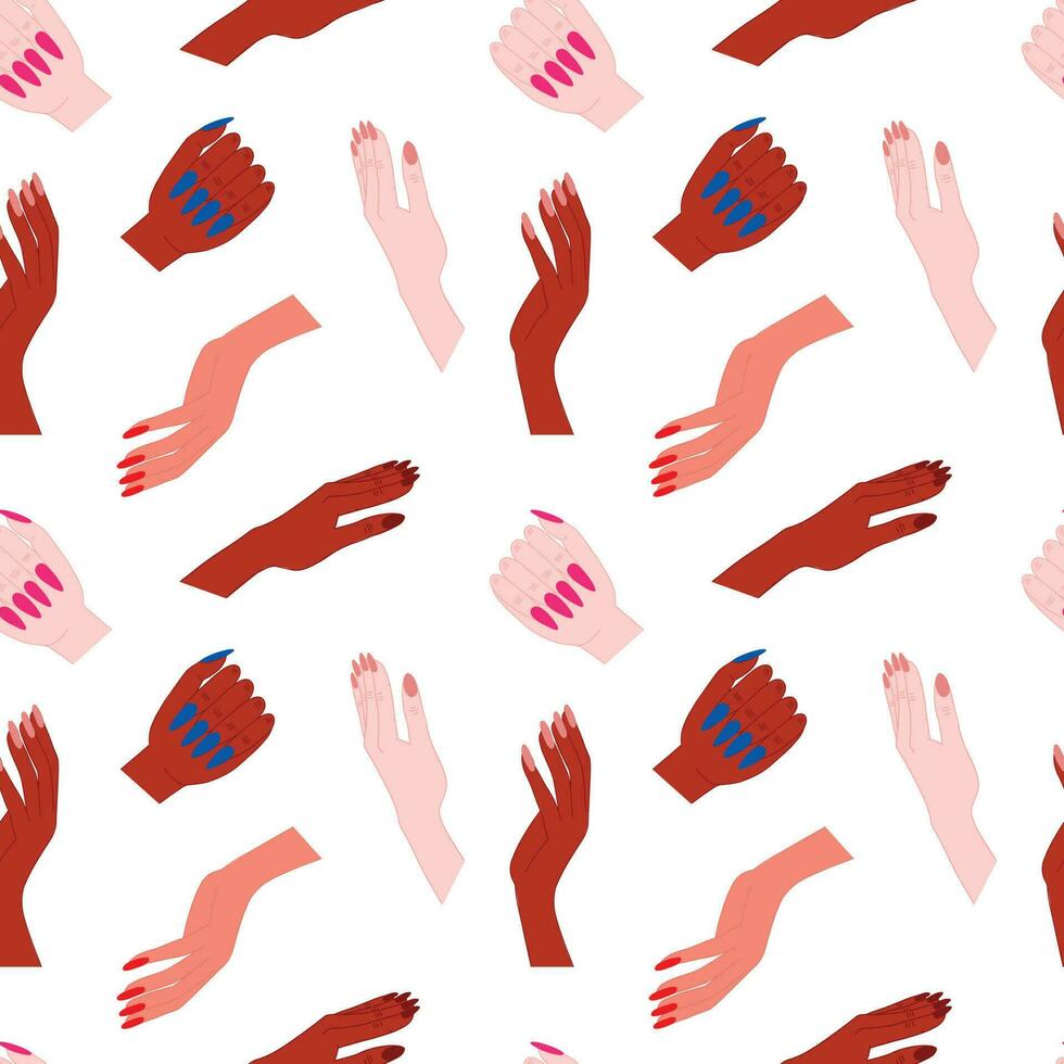 diferente piel de colores mujer manos sin costura modelo. mujer manos con manicura en blanco antecedentes. vector