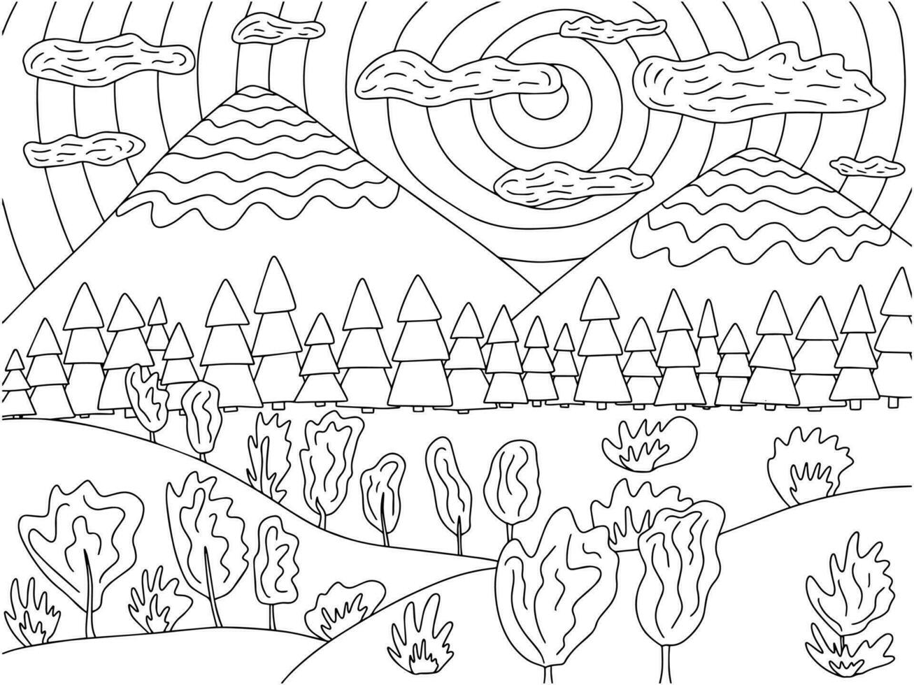 Coloring page with mountain landscape, fields and trees. Vector landscape in black and white color with mountains and fields view