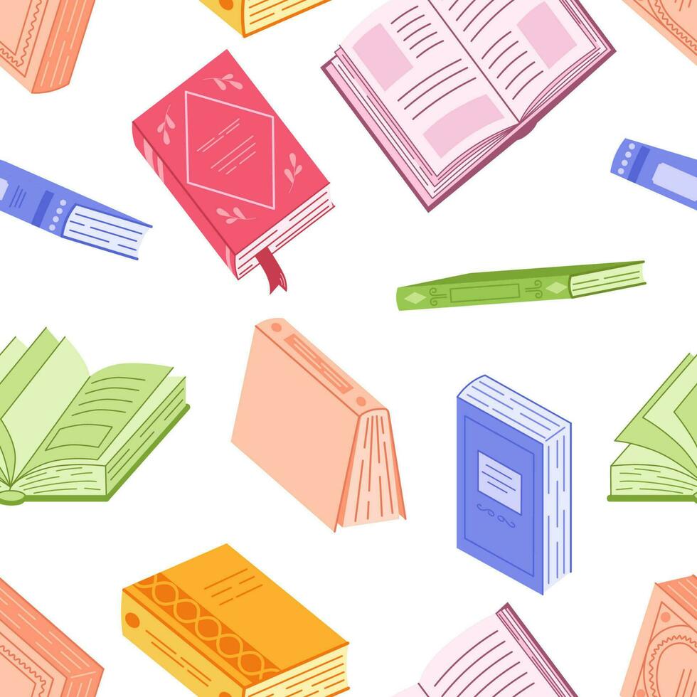 Seamless pattern with books in colorful covers. Textbooks for reading and learning. Hand drawn vector illustration isolated on white background.