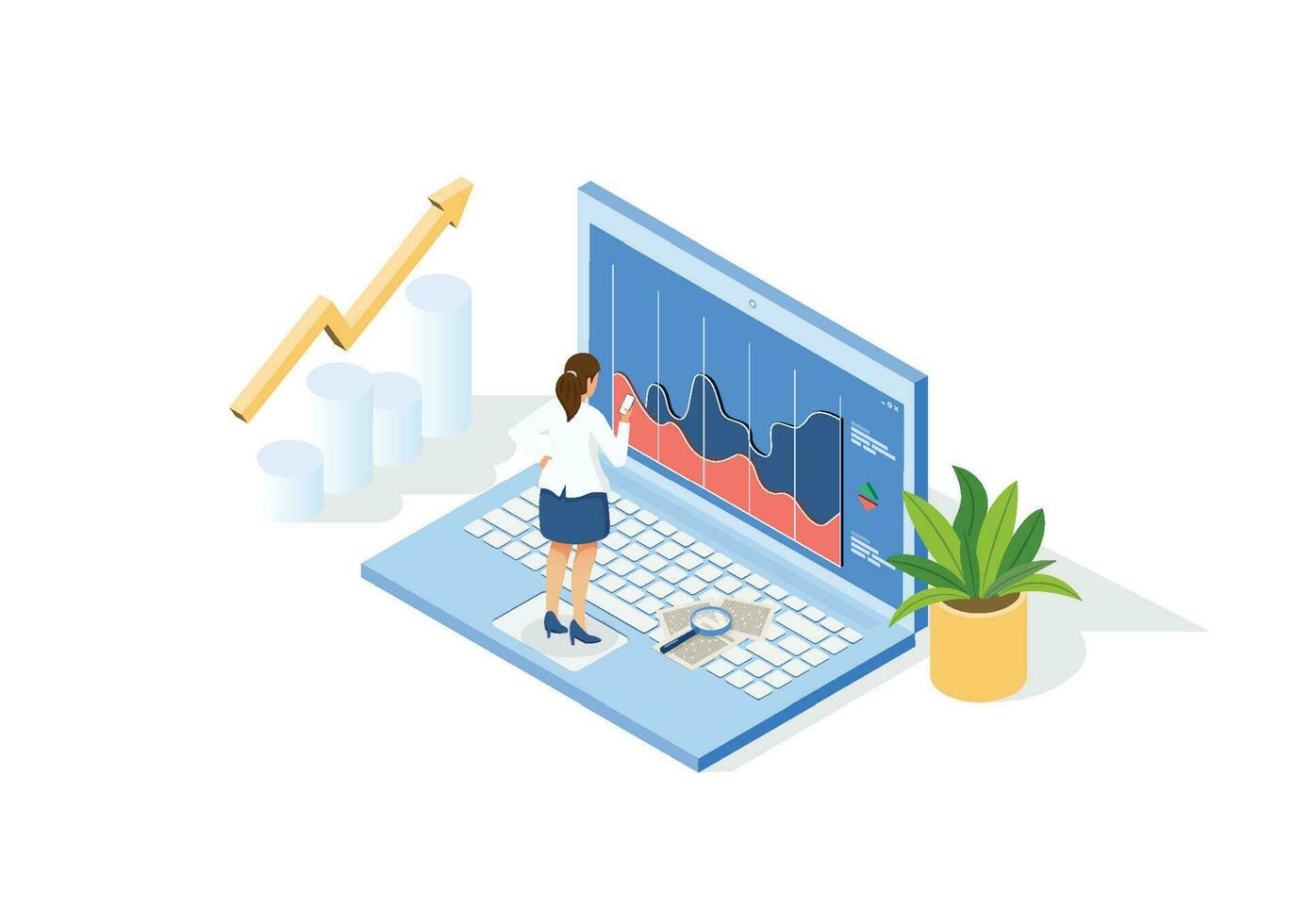 Big data analysis concept. Woman stands on laptop and studies statistical data in form of charts and graphs. Business progress. Isometric vector. vector