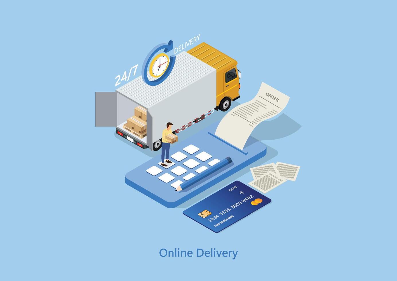 Isometric Delivery truck with cardboard box. Delivery and online shopping concept. illustrator vector. vector