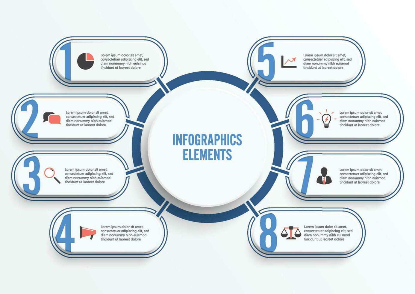 Vector infographic template with 3D paper label, integrated circles. Business concept with 8 options. For content, diagram, flowchart, steps, parts, timeline infographics, workflow, chart.