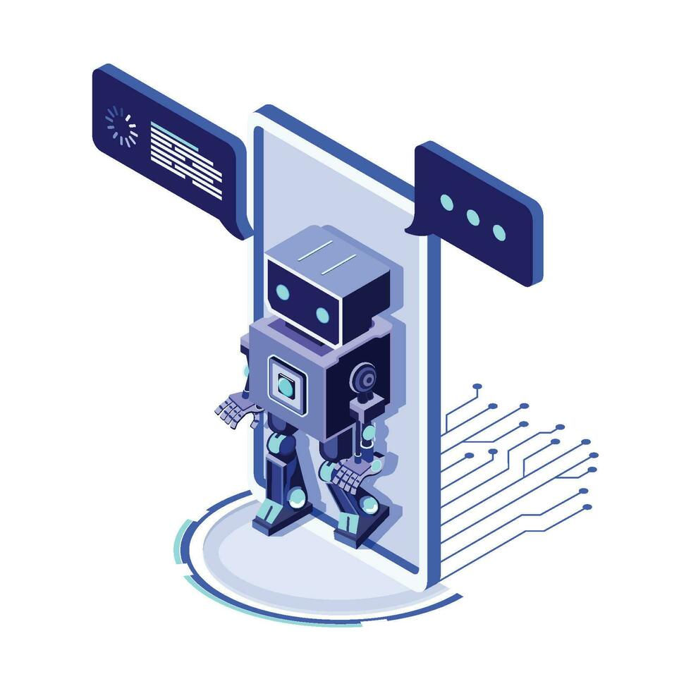 artificial inteligencia Procesando datos en teléfono inteligente pantalla. ai en el formar de larva del moscardón viniendo fuera de el pantalla teléfono y ofertas a utilizar digital mente. isométrica vector