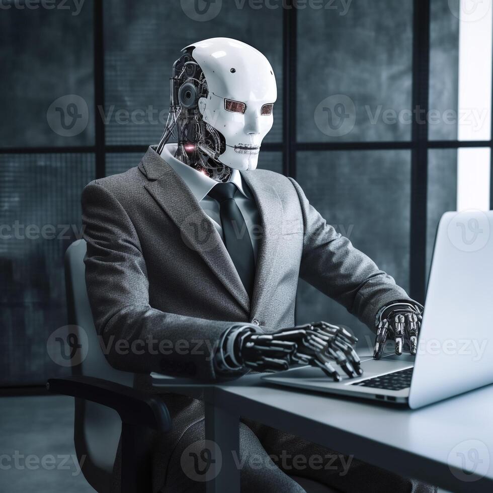 Robot businessman sitting at desk using computer as artificial intelligence. Business concept.. photo