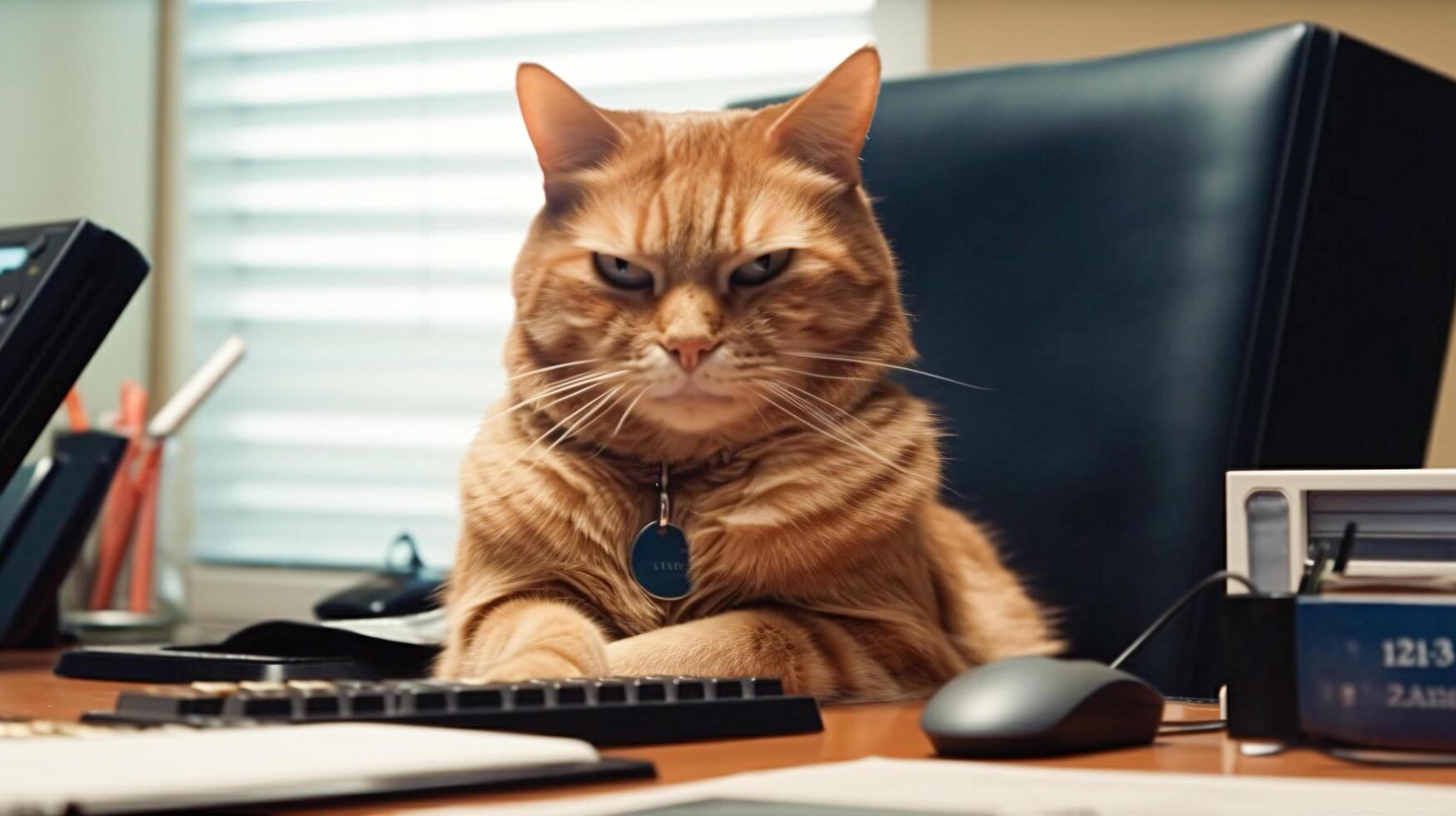 Boss cat is sitting at his desk in his office, business concept. photo