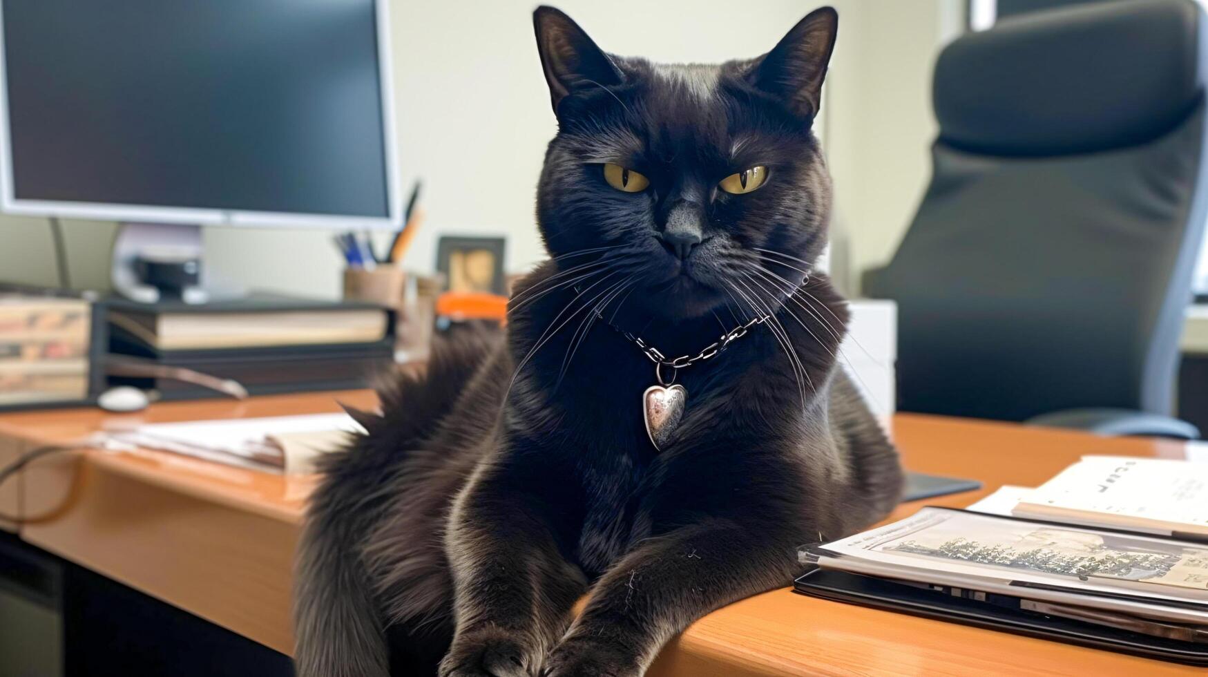 Boss cat is sitting at his desk in his office, business concept. photo