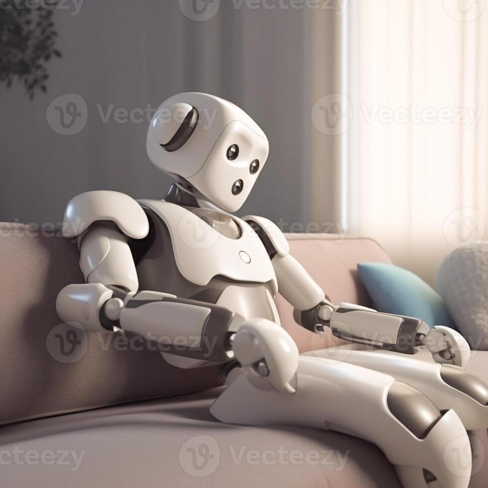 Robot is sitting on the sofa in the living room. Robotization of people's daily lives concept. photo