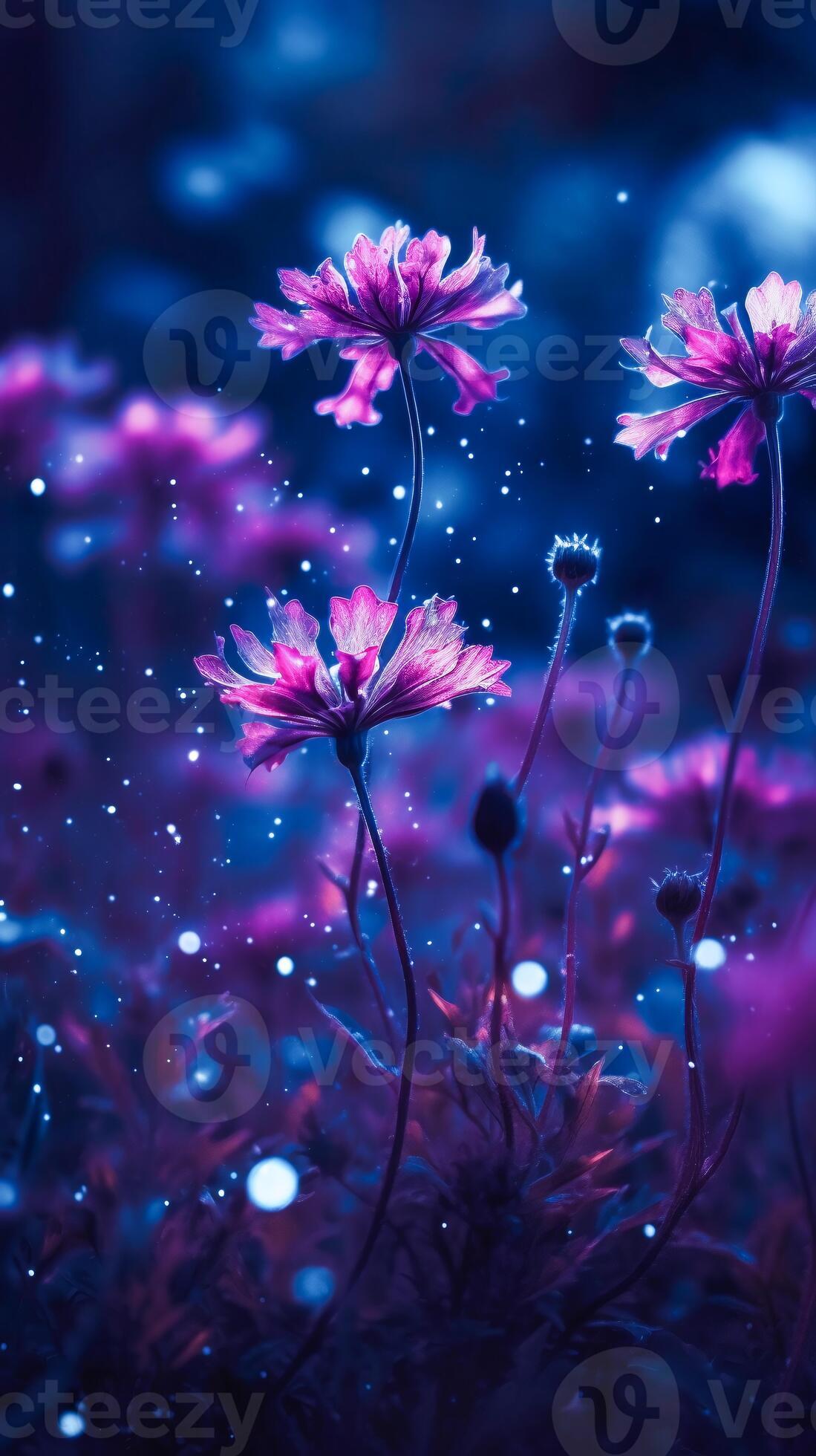Magic flowers with sparkles. Blue and purple futuristic glowing