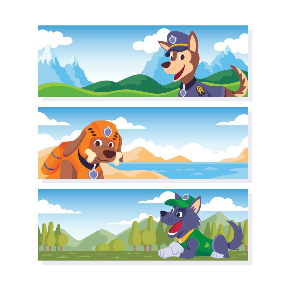 Cute Puppies in Uniform Banner Set vector