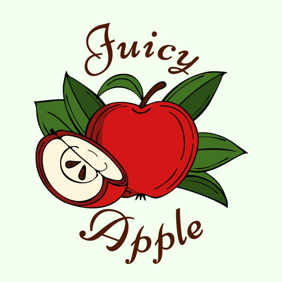 Composition with ripe red apple, apple slice, seeds, leaves and inscription juicy apple. Vector illustration. Good for print, apparel design, logo, emblem.