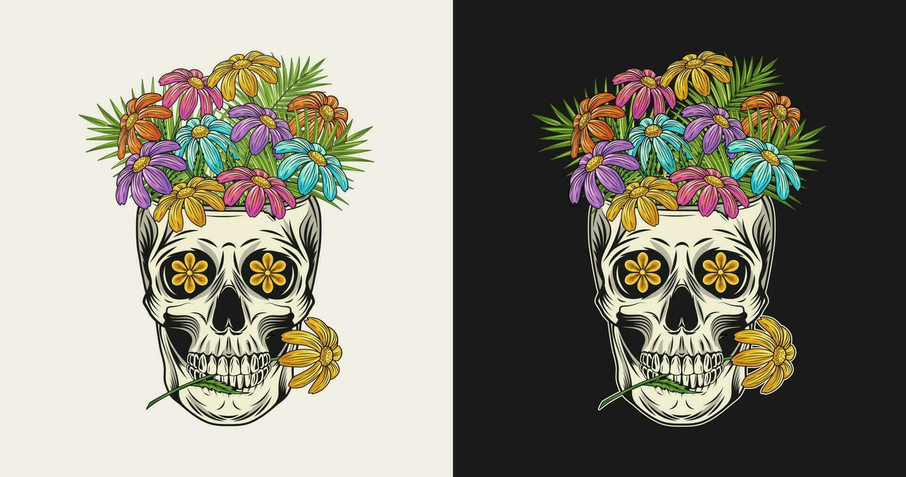Human skull like cup full of chamomile flowers. Skull holding flower between teeth. Groovy hippie retro style Front view illustration in vintage style. vector