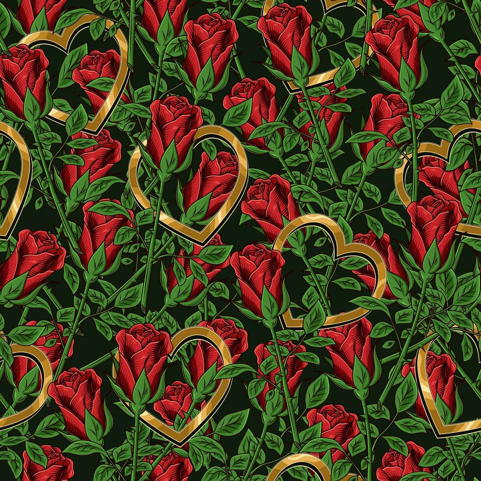 Vintage seamless pattern with red half blown buds of roses with stem and leaves, golden hearts. Vintage illustration for romantic events. Vector illustration