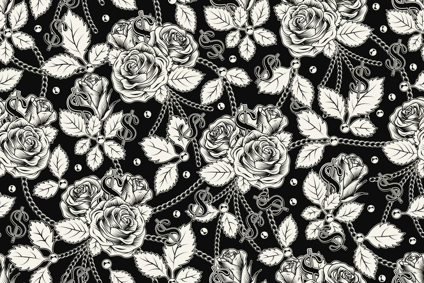 Seamless pattern with lush blooming vintage roses with leaves, metal ball chains, dollar sign. Monochrome vector illustration white on black. Engraving style