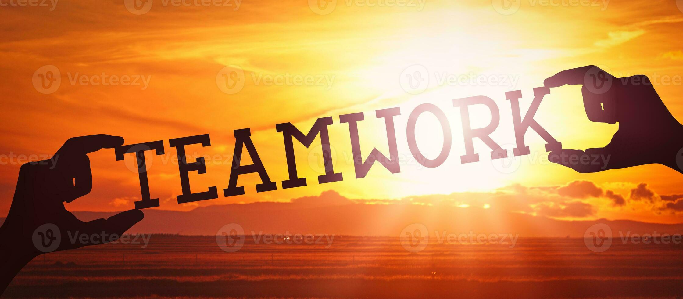 Teamwork - Human Hands Holding Black Silhouette Word photo