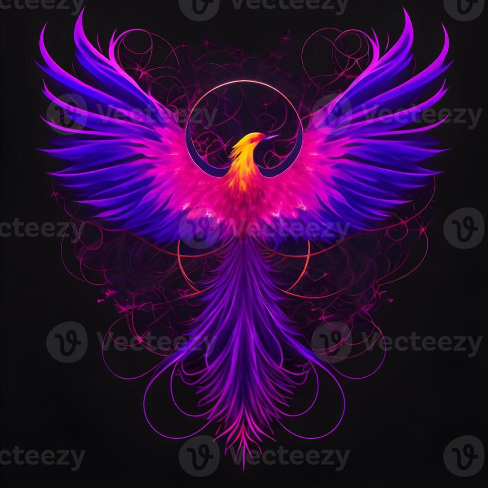 Light neon style art portrait of a phoenix, photo