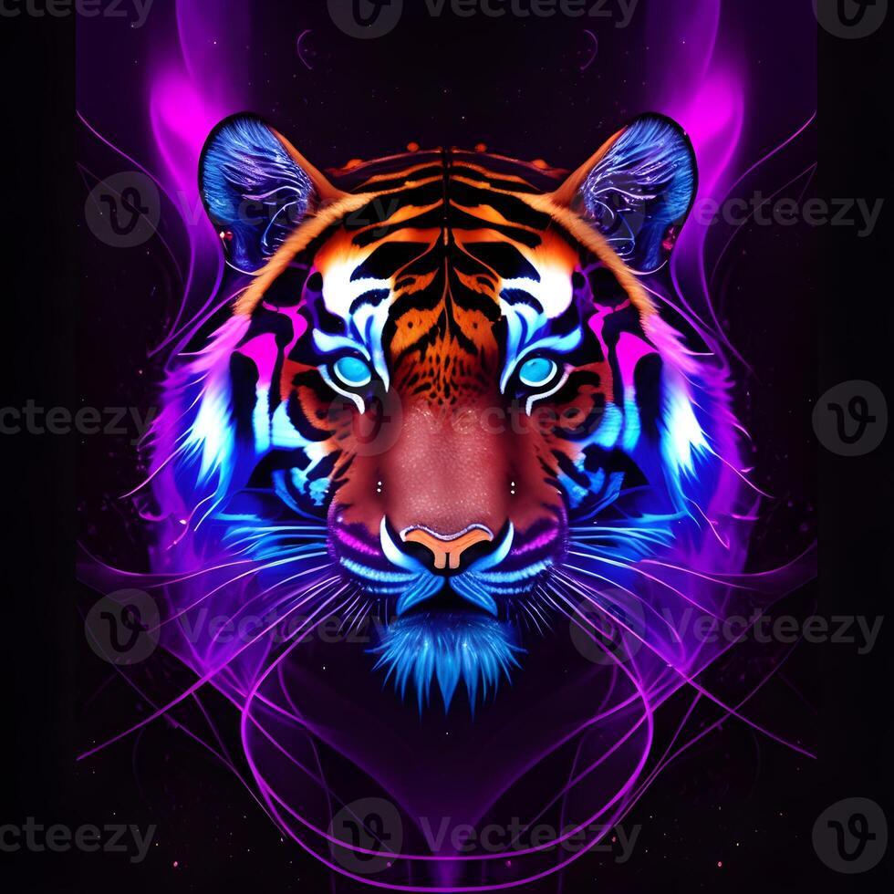 Light neon style art portrait of a tiger. photo
