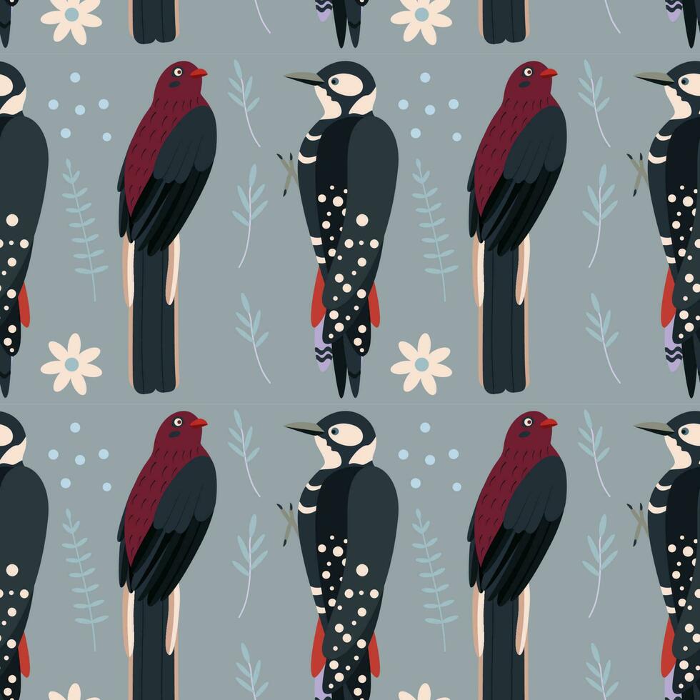 Pattern with woodpecker, trogon bird. vector