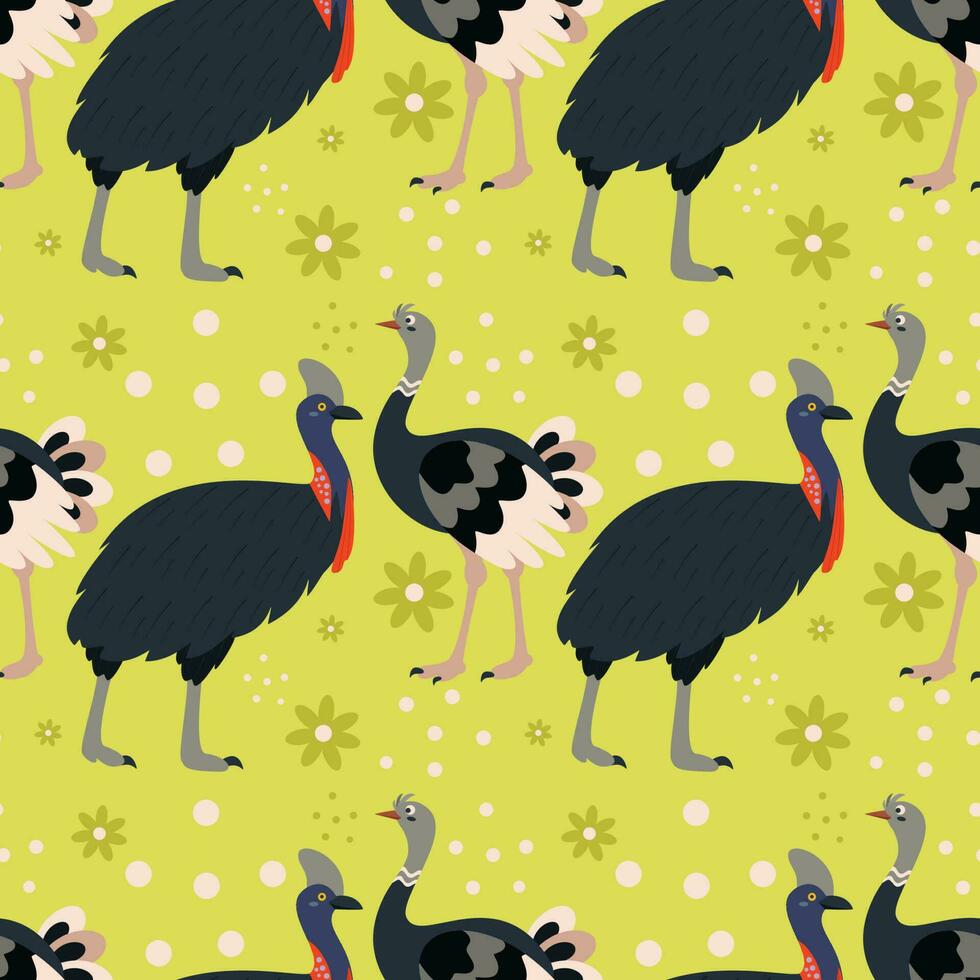 Pattern with ostrich and cassowary bird. vector