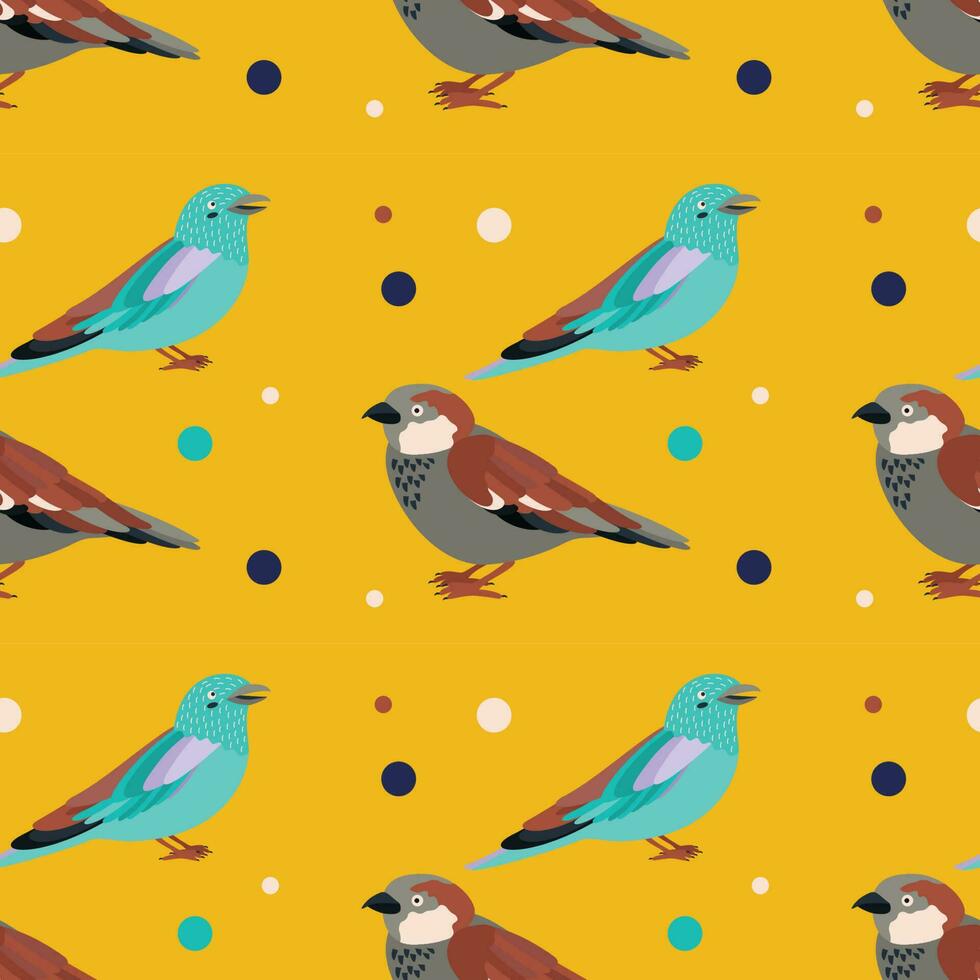 Pattern with sparrow, coraciiformes  bird. vector