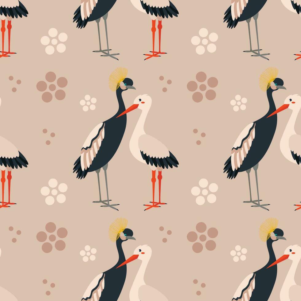 Pattern with stork, crane bird. vector