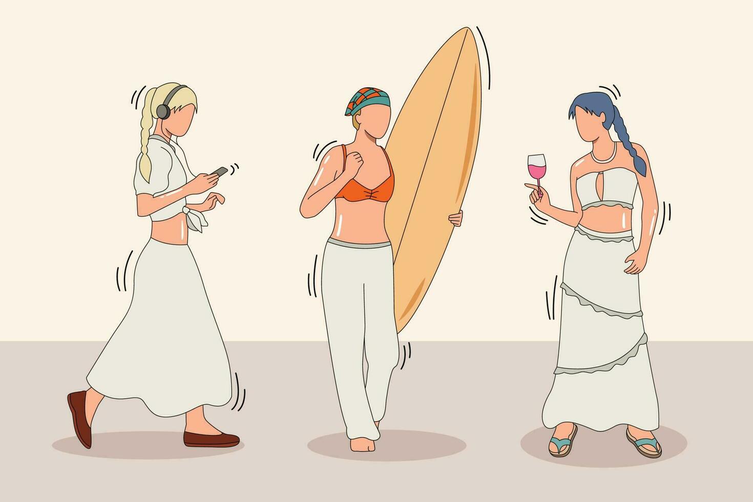 woman in white summer dress, lady activity characters cartoon ,Trendy one line draw design vector illustration