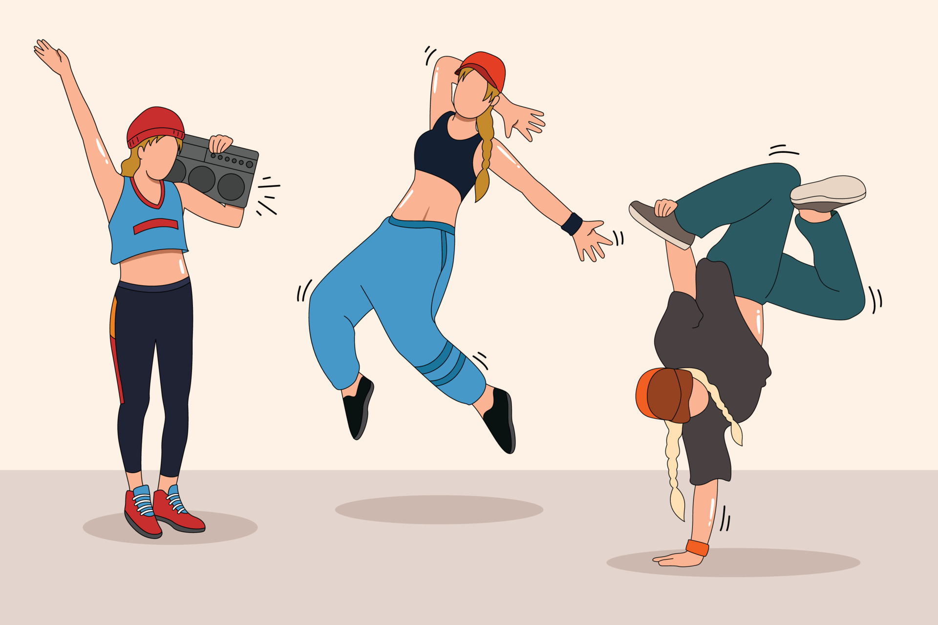 Women hip hop break dance, lady activity characters cartoon ,Trendy one