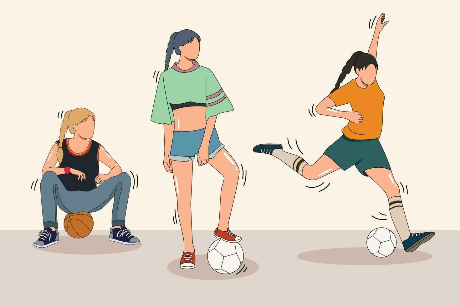 Women football players and basketball players, lady activity characters cartoon ,Trendy one line draw design vector illustration