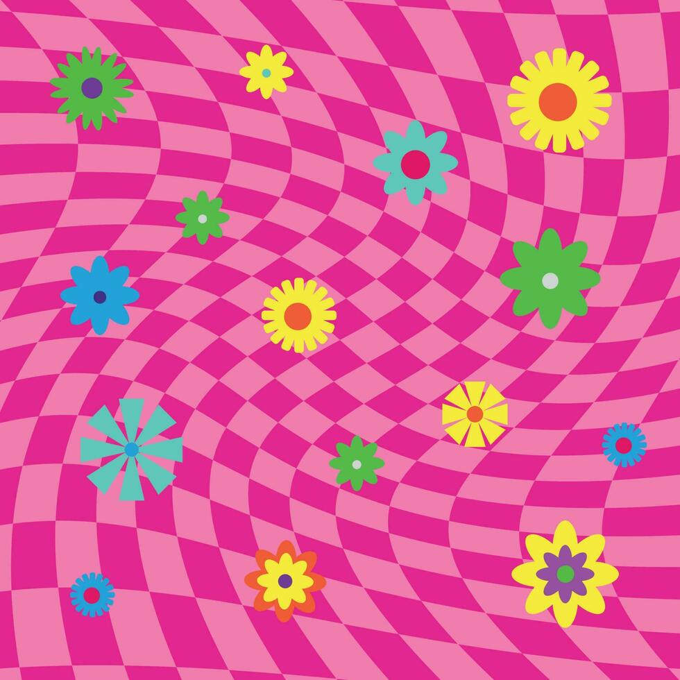 Pink psychedelic squares geometric pattern with flowers. Optical illusion background 60s vector