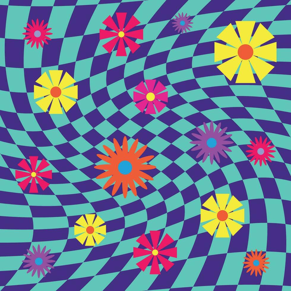 Purple blue psychedelic squares geometric pattern with flowers. Optical illusion background 60s vector