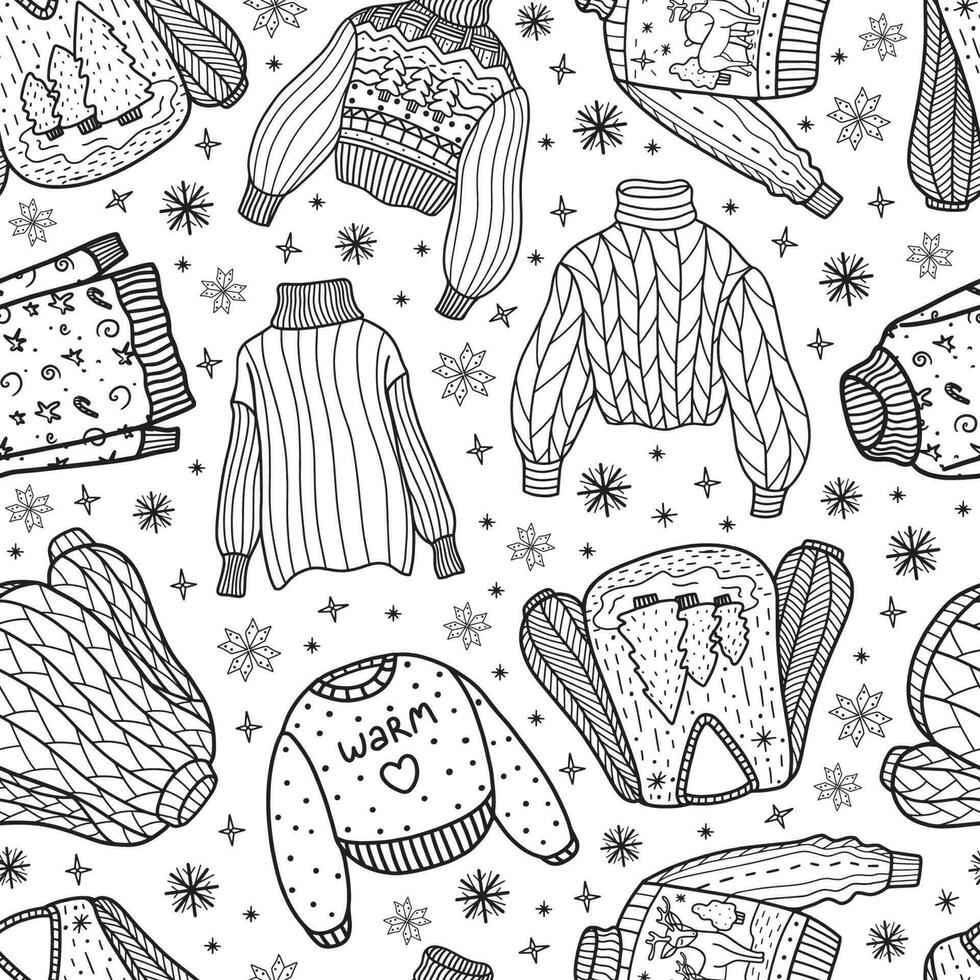 Winter clothing seamless pattern in doodle style hand drawn illustration vector