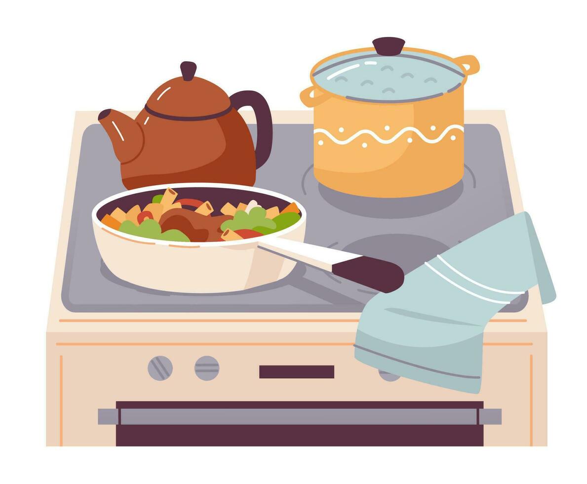 Kettles and pots on the kitchen stove. Pasta with vegetables and soup are cooked on the stove. Home cooking. Cartoon flat vector illustration.