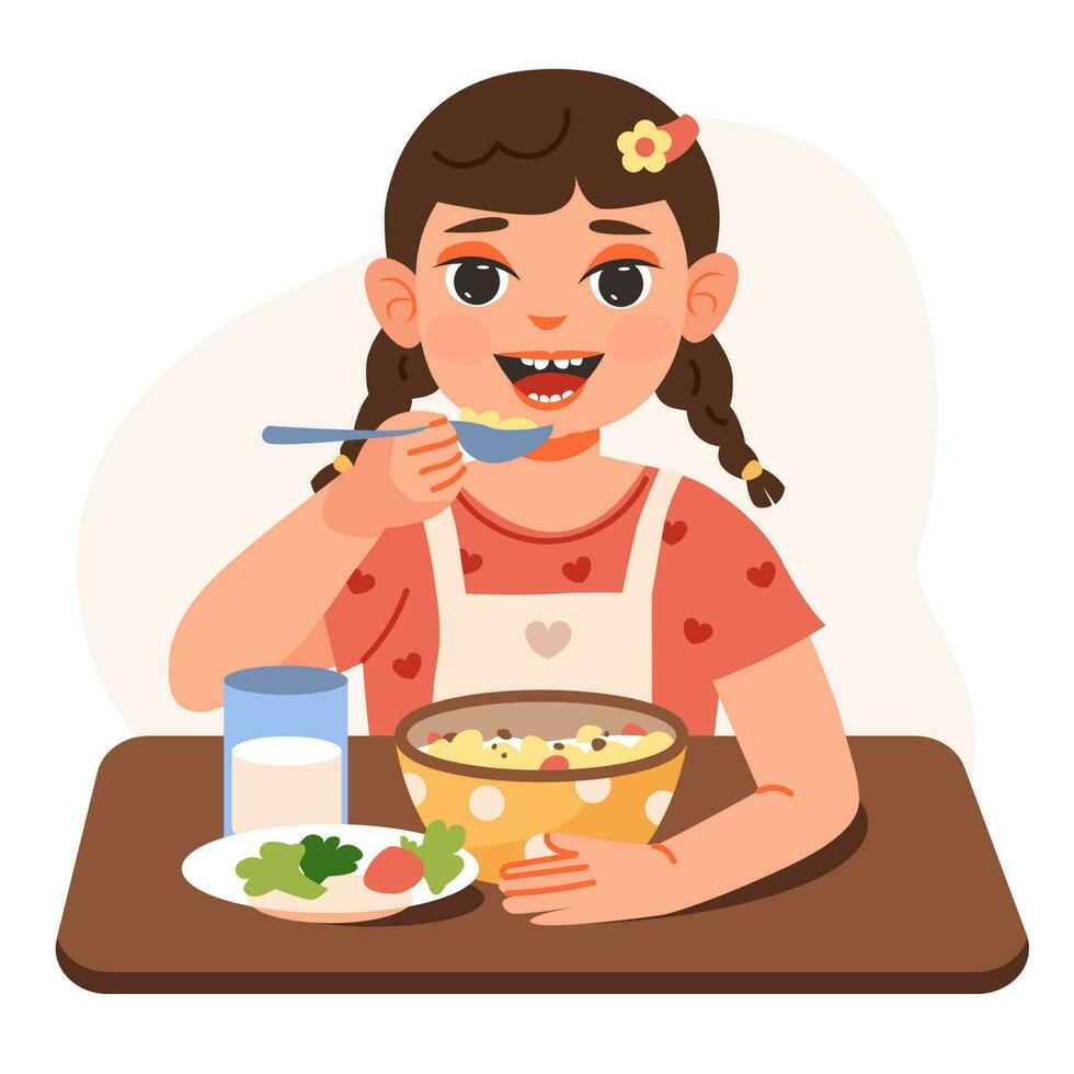 Baby girl eats porridge for breakfast. Childs nutrition. Flat vector illustration