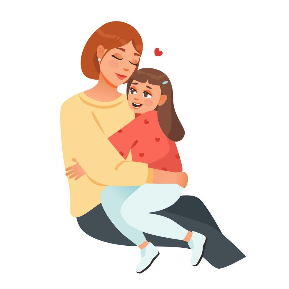 mamá y hija abrazo. contento mamá y niña niño abrazando linda niño sentado en mamá rodillas dibujos animados vector ilustración.