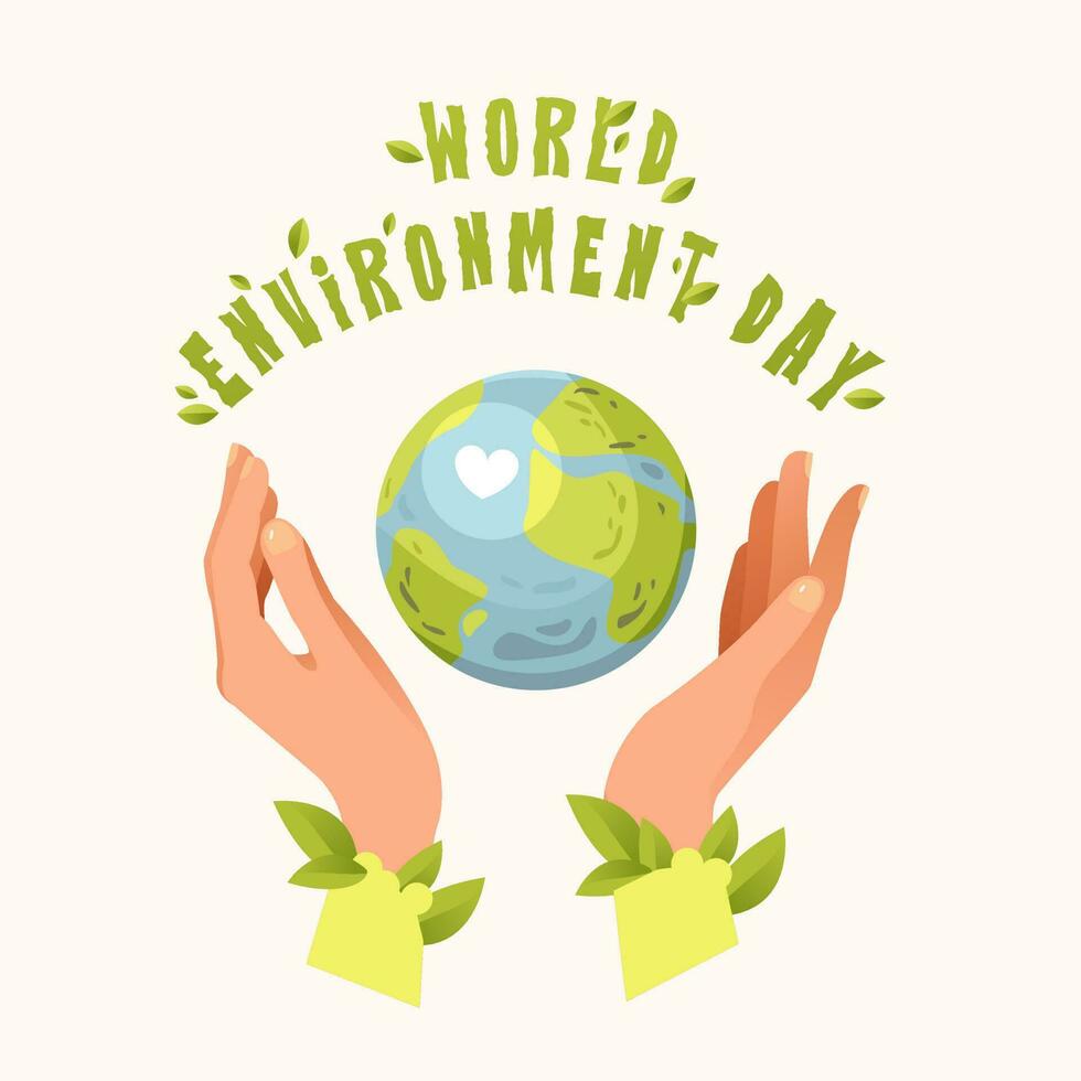 World Environment Day. Hands hold the planet. Ecology concept. Save the earth. Cartoon vector illustration.