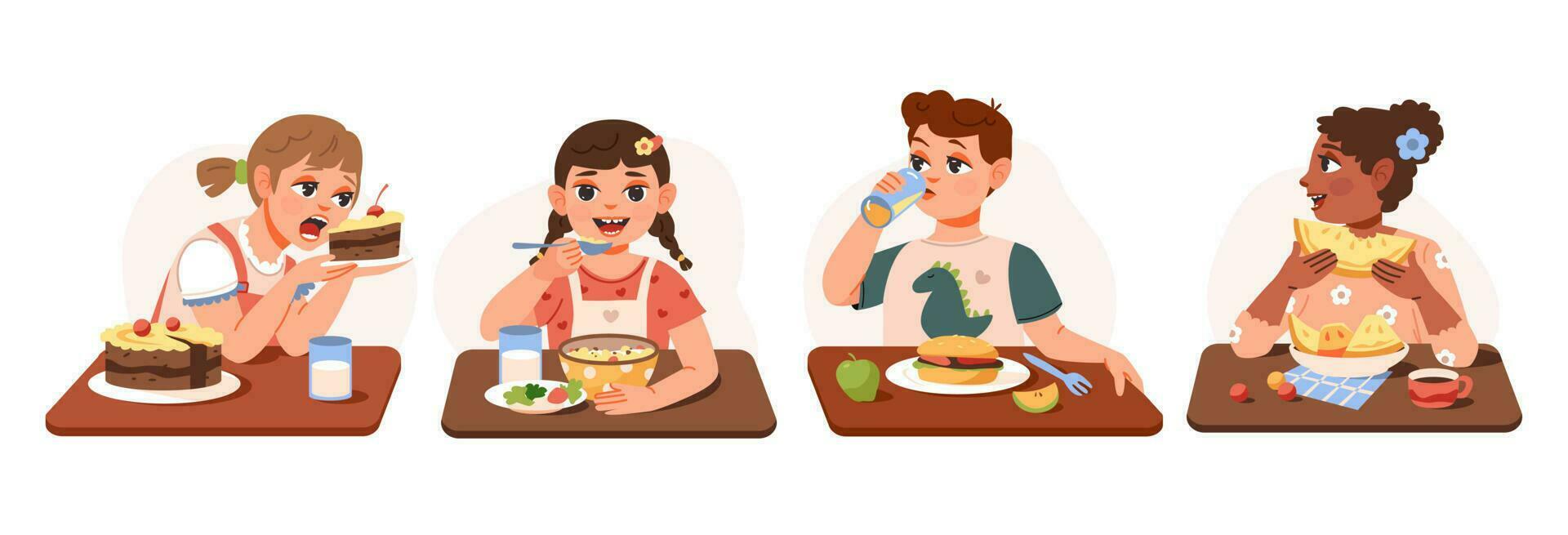 Children at a meal. Boy and girls eat healthy homemade food. The kids are having breakfast. Childs nutrition. Flat vector illustration