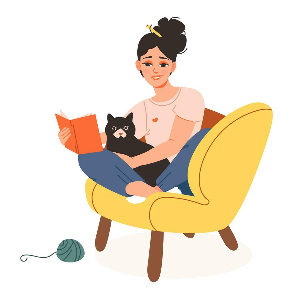 un joven mujer es sentado en un silla con un gato y leyendo un libro. mujer descansando, relajante a hogar. plano dibujos animados vector ilustración.