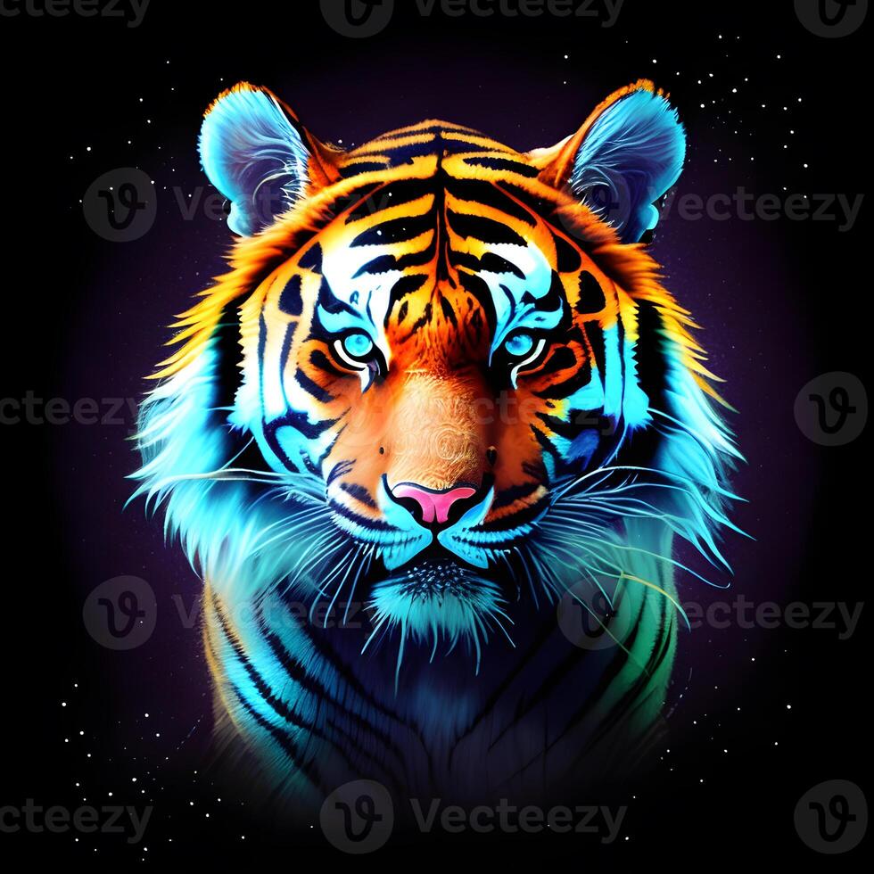 Light neon style art portrait of a tiger. photo