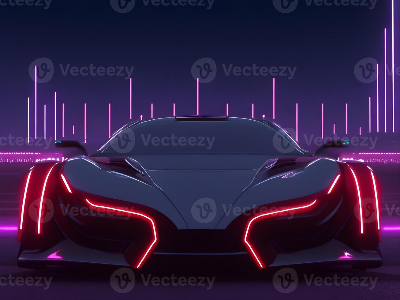 Futuristic electric concept car in cyberpunk background. photo