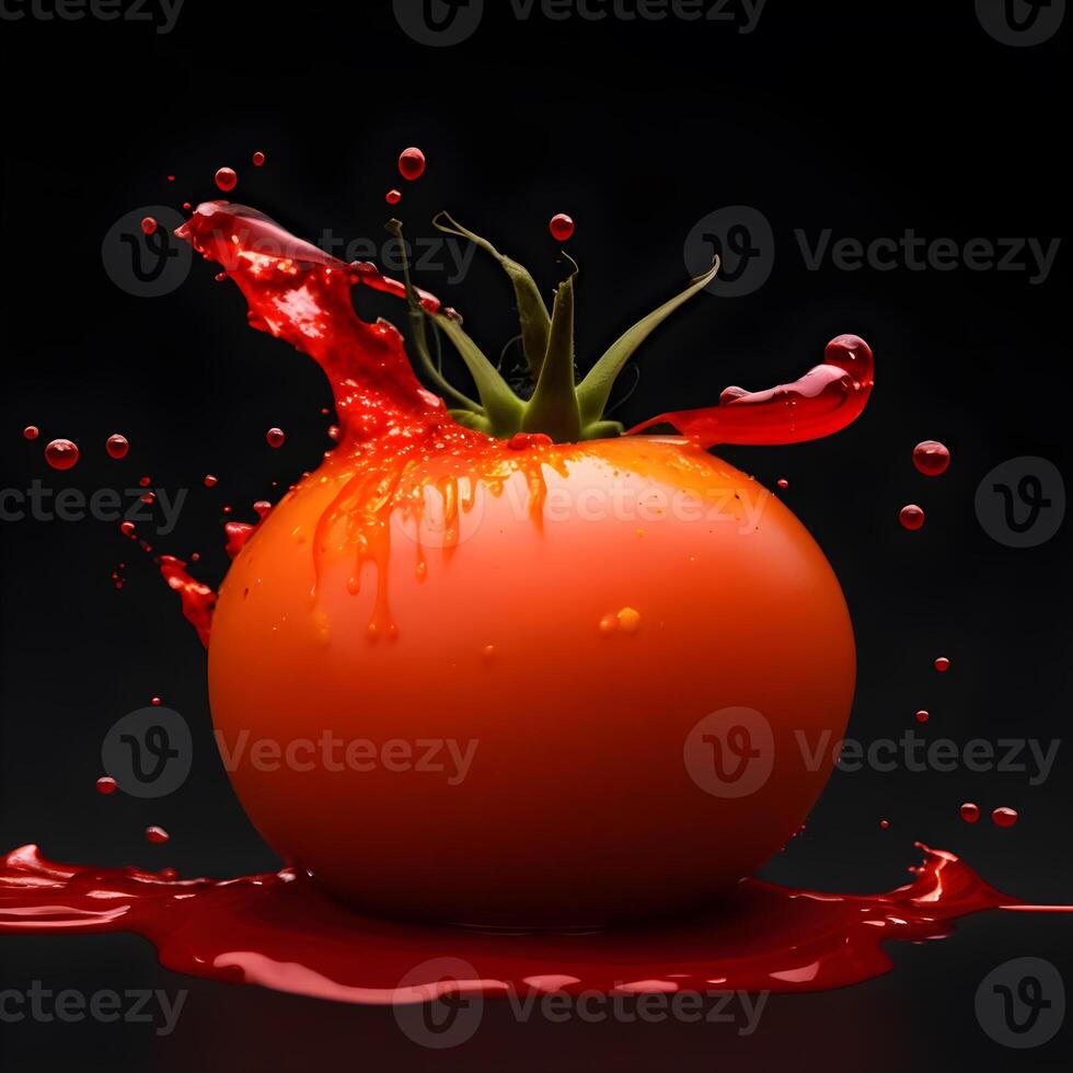 increíble tomate con agua chapoteo y gotas aislado, generativo ai foto