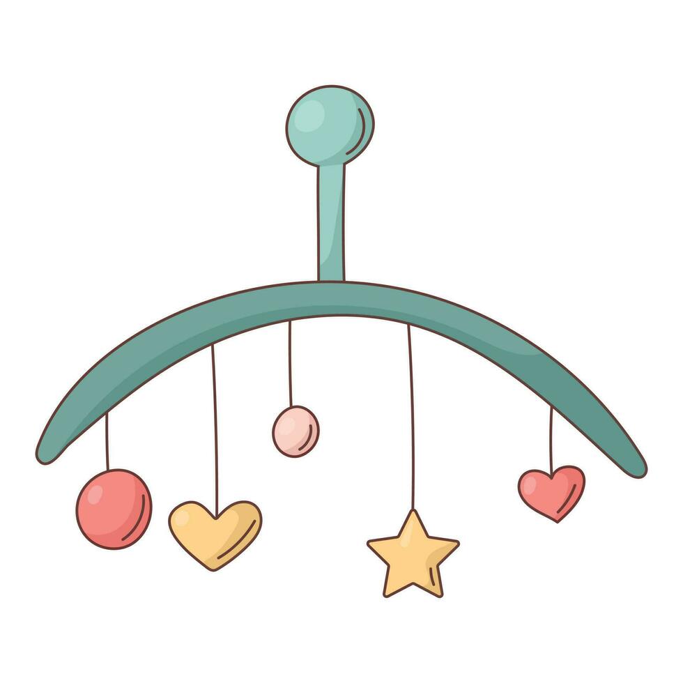 Simple vector isolated illustration of baby rattles in the shape of a star, heart or ball. A nursery mobile for newborns in a stroller or cradle.