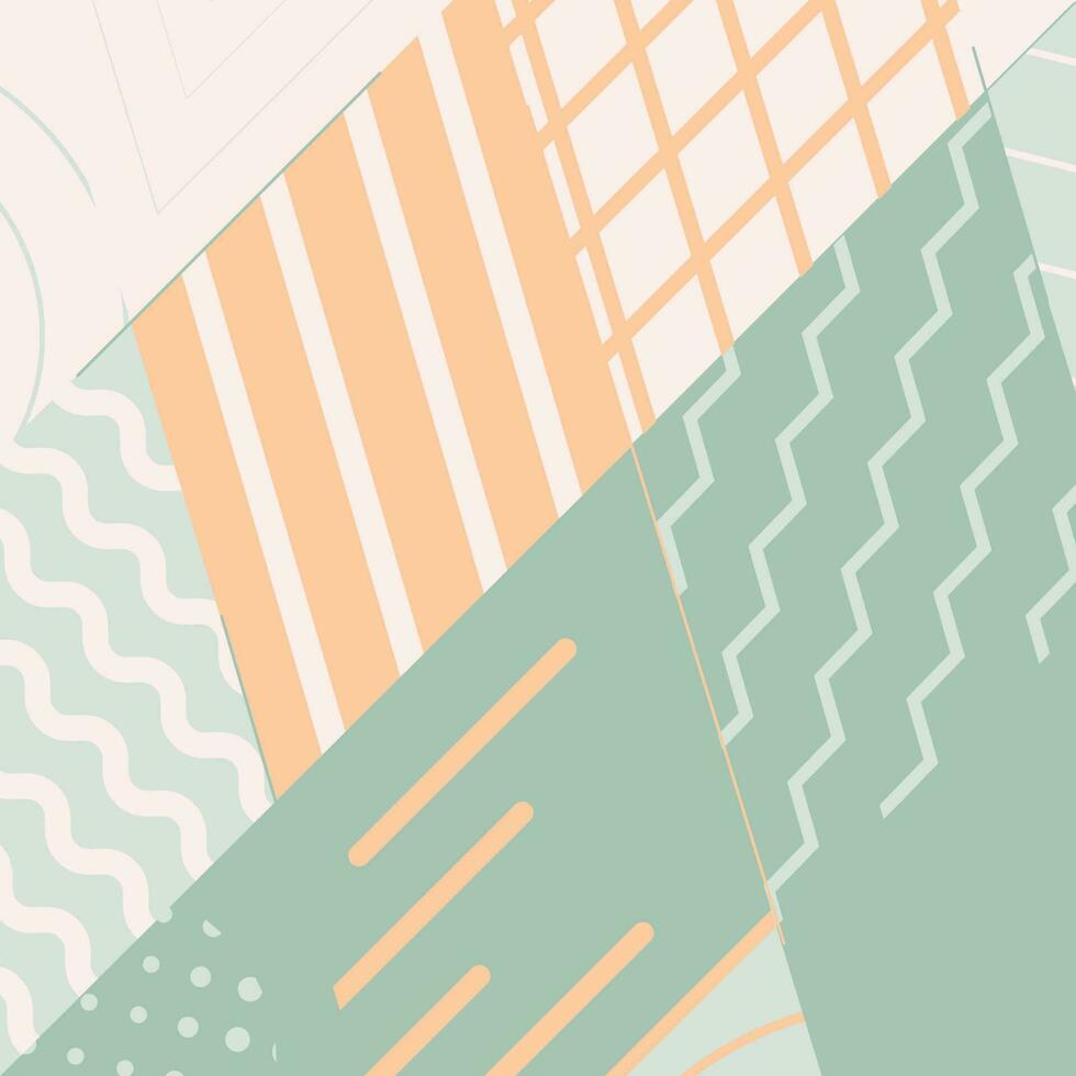 Vector abstract background. Geometric shapes and forms in a grid of rhombuses. Parallel lines and zigzags, circles and squares form a pattern.