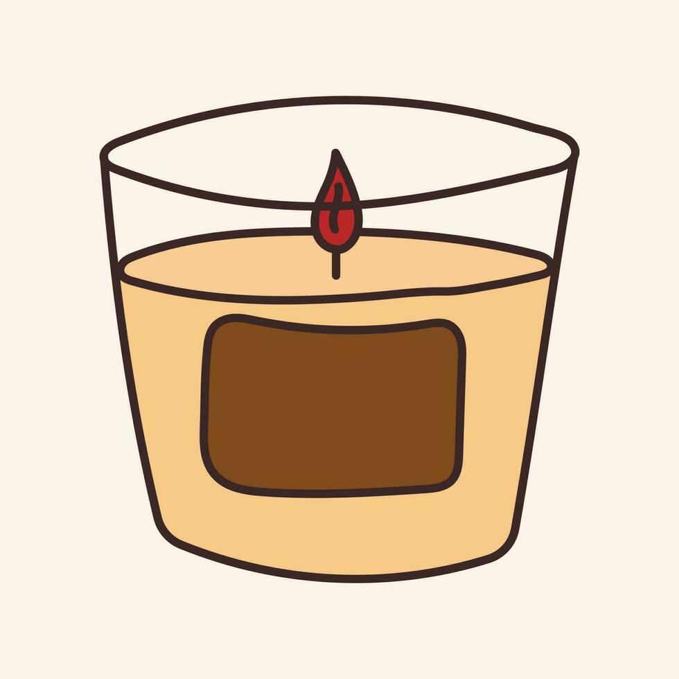 Vector isolated cozy autumn sticker. Doodle wax candle in a glass beaker with a sticker.