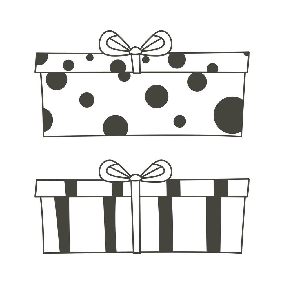 Set of simple vector cartoon icons. Collection of gift boxes for the holiday with ribbon and bow. Decoration with wrapping paper.