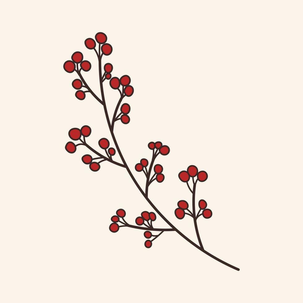Vector isolated illustration of a twig with red berries. Wild rowan or lingonberry icon on a branch.