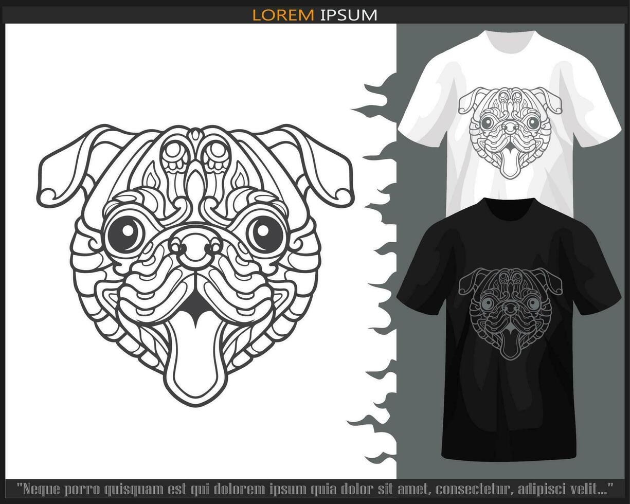 Pug dog head mandala arts isolated on black and white t shirt. vector