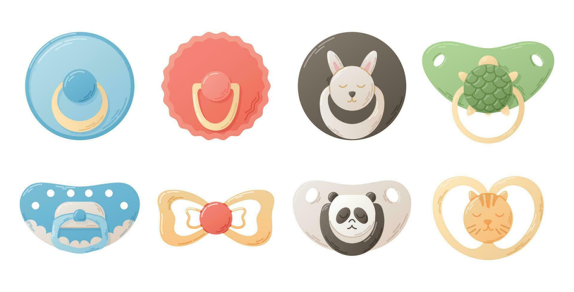 Set of baby boy and girl funny flat pacifiers for sucking. Collection of vector cartoon isolated design elements.